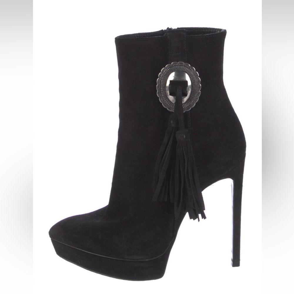 YSL Saint Laurent Janis Western Buckle Concho Ankle Boots Booties Black Suede
